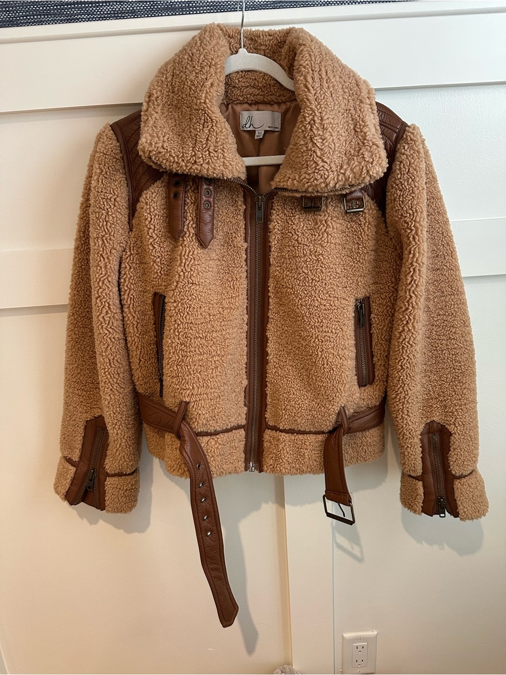 dh NEW YORK Tan Sherpa Puffer Jacket with Brown Trim Accents